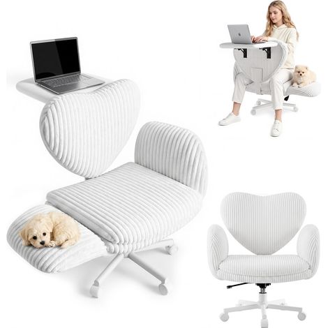 Chaise ergonomique Patbrela, tableau rabattable, accoudoirs 5 réglables, hauteur ajustable, tissu velours côtelé beige