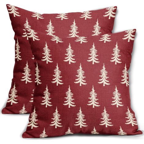 Taies d'oreiller de Noël 18x18 pouces, ensemble de 2 pièces, imprimé hivernal champêtre avec sapin de Noël rouge foncé – housses de coussin décoratives pour canapés et lits. (1/5)