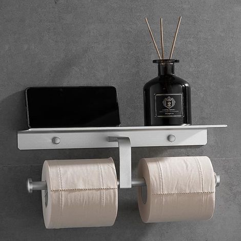 Doppelter Toilettenpapierhalter aus silbernem Metall, Wandmontage mit großzügigen Ablagen, Klebe- und Schraubbefestigung