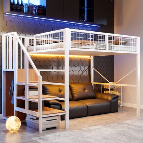Letto a soppalco 140x200 cm in metallo bianco con vano portaoggetti, senza materasso – MEUBLIV (1/5)