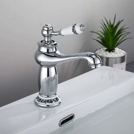 Robinet de lavabo en laiton céramique porcelaine noire et blanche col , XU,long rétro floral apporter de l'eau froide et chaude robinet d'eau (chromé) - KZQ (1/4)