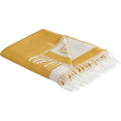 Manta de acrílico poliéster amarillo blanco 130 x 170 cm geométrico borlas Jalkini (1/5)