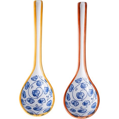 2 cuillères à soupe en céramique, manche long et incurvé, porcelaine sous-glacée, idéales pour nouilles, raviolis et soupes asiatiques