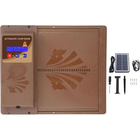 Automatic USB Solar Powered Chicken Coop Door Opener with Programmable Timer, LED Display, 3 Power Modes, Horizontal Opening, Brown (1/5)