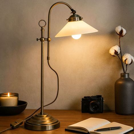 Lampe de chevet rétro antique ACKERMAN, réglable en hauteur, LED 4,5 W / 470 lm, blanc chaud, métal vieilli laiton + verre opale, L 33 x H 54 cm, pour chambre & lecture (1/5)