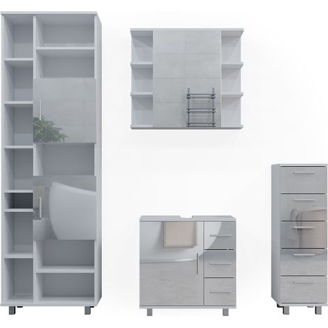 Set mobili bagno Ilias, Bianco lucido, 4 parti, Vicco