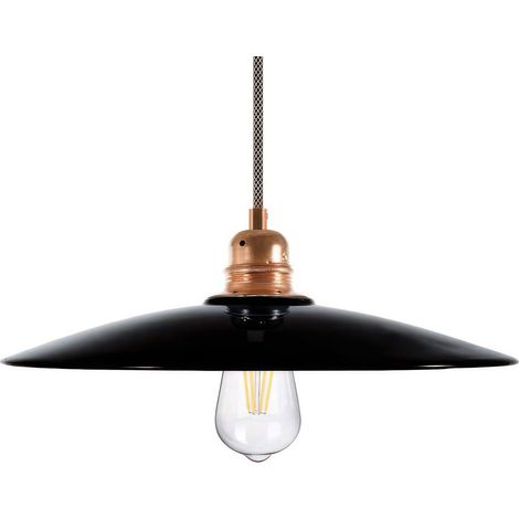 Lampada a sospensione Made in Italy completa di cavo tessile, paralume in ceramica Piatto e finiture in metallo  Con lampadina - Nero - Rame - Matter ON/OFF