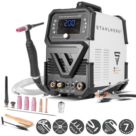 STAHLWERK Poste à souder AC/DC TIG 200 Puls Pro Digital – Inverter combiné 200 A, fonction MMA (ARC), fonction Pulse & Spot, mémoire de jobs, Hotstart, Anti-Stick, IGBT, pour aluminium & tôles fines (1/5)