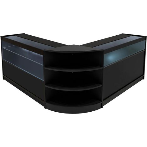 Set Mostradores Comerciales "HARMONIA"  Negro  B1200+C1200+LM60  MDF y vidrio templado  Estantes y puertas corredizas con cerradura  Fácil Montaje  Mostrador Recepción Expositor Comercial Mesa