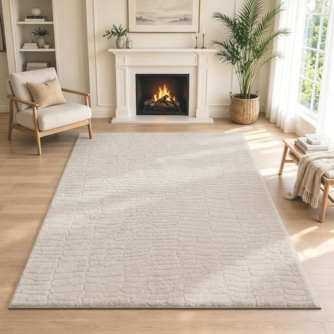 Tapis de Salon 120x180 cm Moderne Relief 3D Effet, Doux Lavable en Machine, Dos Antidérapant, Poil Ras, Beige, pour Chambre, Entrée Couloir, Bureau, Bebe (1/5)