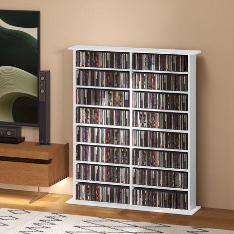 Rangements pour CD et DVD avec 16 compartiments et 12 étagères réglables, capacité max. 720 CD/396 DVD et Blu-ray, blanc