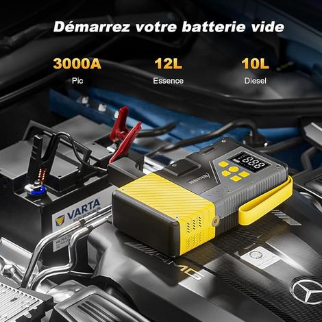 Démarreur de voiture portable avec compresseur d'air pic de 3000 A et max 150 PSI compatible avec les moteurs essence de 12 L et diesel de 10 L lampe LED (1/2)