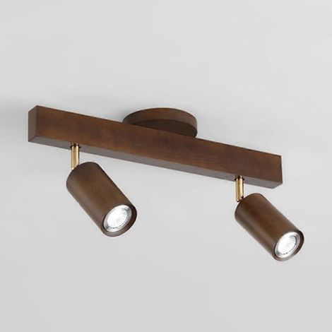 Luminaire sur rail LED fixe en noyer, 2 spots directionnels blanc chaud, orientables à 350/90 degrés (1/5)