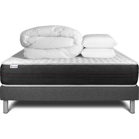 Komplettpaket Bett - Matratze 140x200 cm + Boxspringbett mit Lattenrost (im Set) + 2 Kopfkissen + Bettdecke - Vitalspring