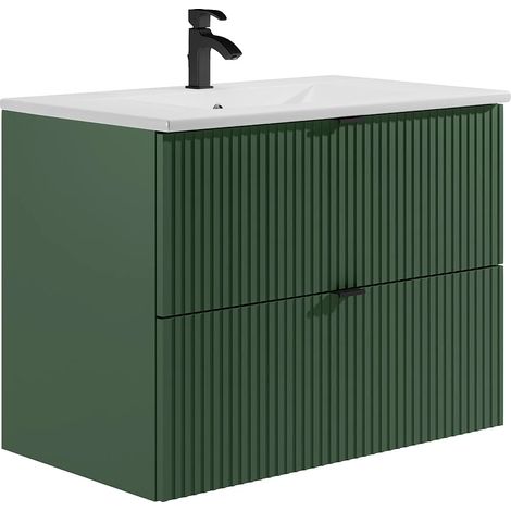Mobile per bagno sospeso con scanalature e lavabo da incasso 80 cm Verde opaco - ZEVINI (1/5)