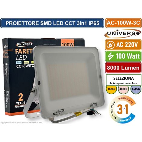 FARO FARETTO LED UNIVERSO 30W 50W 100W CCT-SWITCH TRIAC IP65 BIANCO 220V ACCIAIO 100W (1/5)