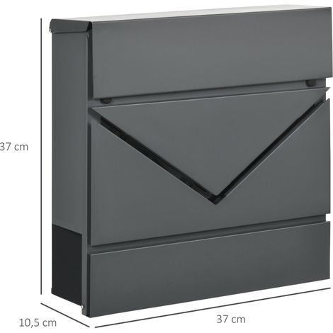 Boîte aux lettres en acier grise, couvercle inclus, 2 orifices d'évacuation en bas, serrure fournie