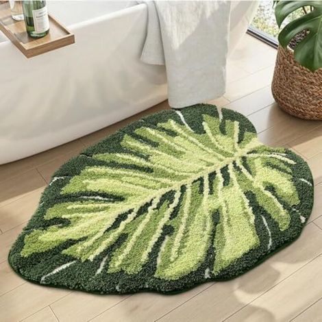 Tappetino Antiscivolo per Bagno 60 x 80 cm, Tappetino Doccia Assorbente e Lavabile con Motivo Monstera per Vasca da Bagno, Camera da Letto, Bambini, Verde (1/4)