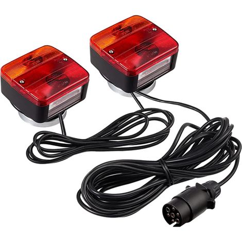 Wiltec Feux arrière de remorque – Fiche 7 broches, Câble 7,5 m & 2,5 m – Support magnétique – 2 Unités Éclairage Clignotant – Éclairage voiture routier (1/3)