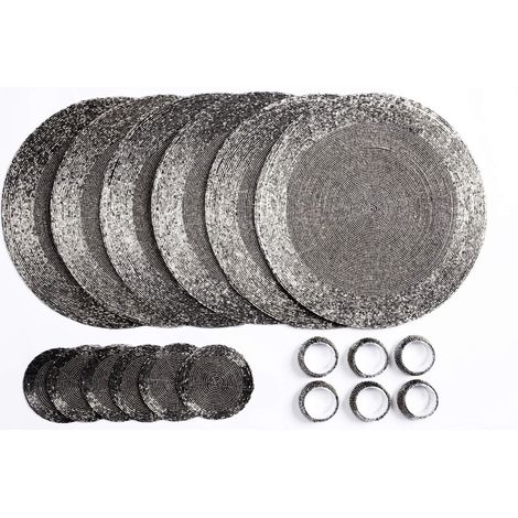 Ensemble de sous-Verres, Ronds de Serviette et Sets Table Ronds Perles Verre 18 Pièces, Argent Antique (1/5)