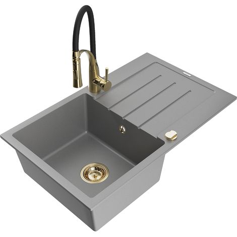 Mexen Bruno fregadero de granito de 1 cubeta con escurridor y grifo de cocina Aster, gris - 6513-71-73450-57-G (1/5)