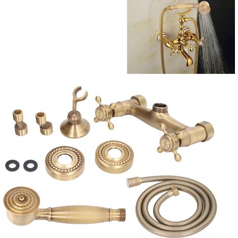 Vintage-Duscharmatur aus antikem Messing mit Handbrausekopf und Wandhalterung, komplettes Badezimmersystem (1/5)