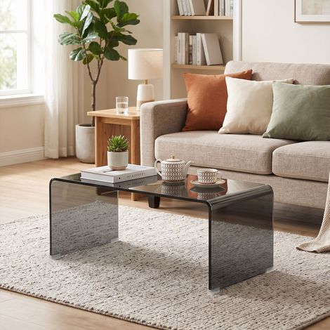 Table Basse Verre Rectangulaire, Salon Moderne, Bords Arrondis Sûrs, Gris Clair Transparent (1/5)