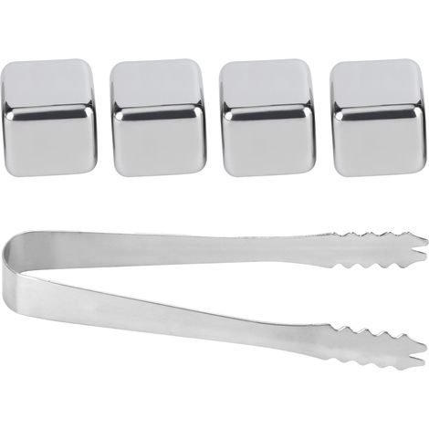 Glaçons en pierre réutilisables en acier inoxydable 304 avec pince, lot de 4 pour whisky, vin et boissons. (1/5)