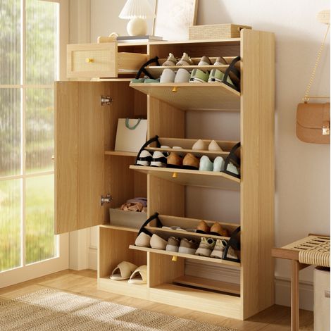 Meuble à chaussures 80,5 x 25 x 125 cm avec 3 abattants, 1 tiroir et 1 porte, naturel (1/5)