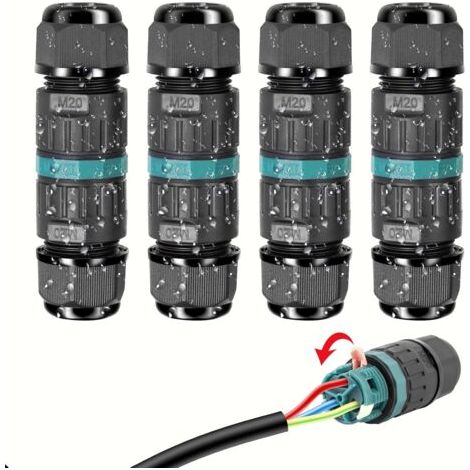 Connecteur électrique étanche IP68 – Raccord de câble 3 fils pour installations extérieures – Profondeur 4m – Câble Ø 5 à 12 mm (4 Pcs)