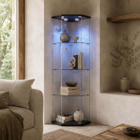 Vitrine en verre 4 étages 60x42.5x162 cm, Vitrine de collection pentagonale avec éclairage LED, armoire vitrée verrouillable avec étagères amovibles, Noir, pour figurines (1/5)