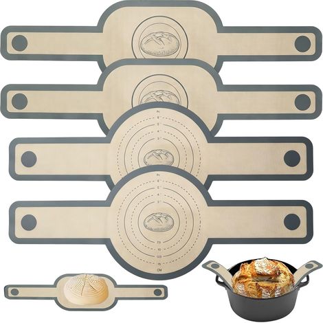 4 Pieces Bread Baking Mat, Round and Oval Bread Slice for Dutch Oven, Silicone Baking Mat with 2 Long Handles, Pastry Sling, for Kneading and Baking (1/5)