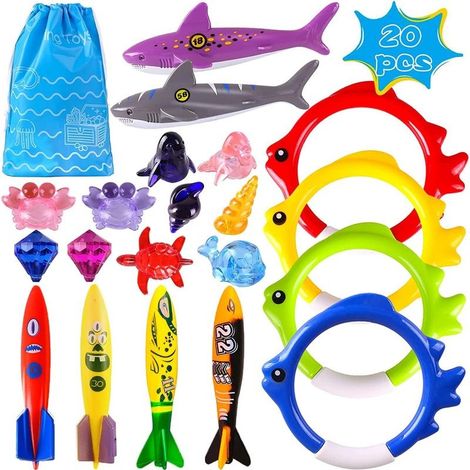 Lot de 20 jouets de piscine pour enfants, jeux de plongée, anneaux de plongée et torpilles avec sac, idéal pour l'apprentissage de la natation. Cadeau parfait pour les enfants de 3 à 12 ans. (1/5)