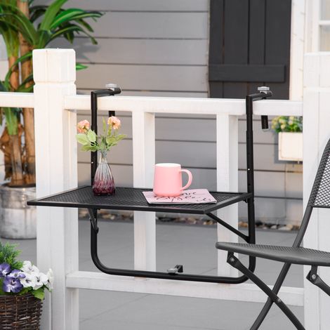 Mesa Colgante para Balcón Plegable de Metal con Altura Ajustable en 4 Niveles Carga 10 kg 60x60x57-72 cm Negro (1/5)