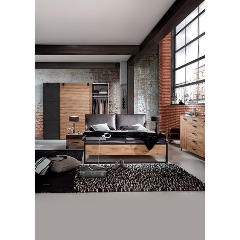 Pegane – Ensemble chambre adulte complète imitation chêne poutre rechampis raw steel 180 x 200 cm – Lit réglable en hauteur avec tête de lit cuir synthétique