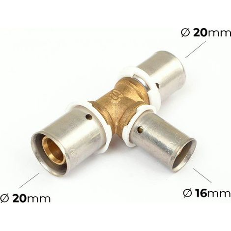 Raccord PER à sertir - Té réduit - Diamètre tubes 20-16-20 mm (1/4)
