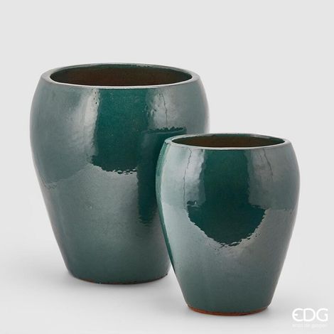EDG Enzo De Gasperi Set 2 Pz Vaso Glaze Bombato H 42 Cm H 32 Cm Waterproof Verde Scuro