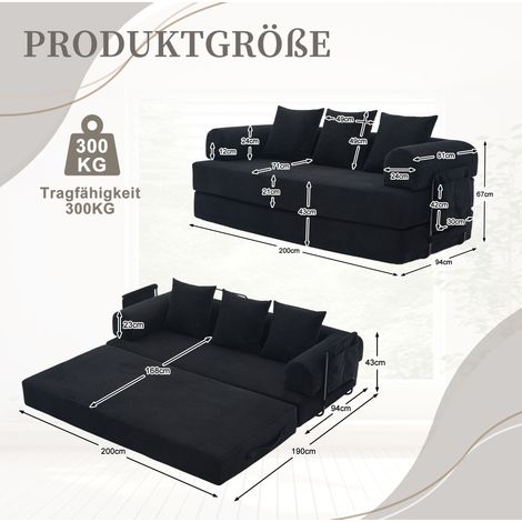 Modulares Sofa 200x94x67 cm schwarz mit Seitentasche, Metallgestell und Cordstoff MEUBLIV