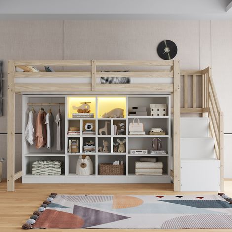 Lit mezzanine, en bois, éclairage LED, 90 x 200 cm, pour maison et usage quotidien, nombreux compartiments de rangement