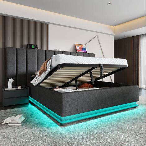 Lit double 160x200 cm gris en lin avec LED 360° et ports USB-C, coffre hydraulique (1/5)