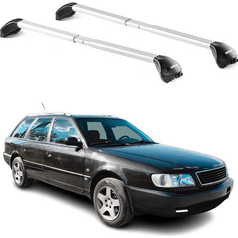 OMAC Barres de toit transversales certifiées TÜV pour Audi A6 C4 C5 Avant 1994-2004 – Verrouillables (4 antivols) – Charge max 100 kg – Sangle inox + protection caoutchouc Argent (1/4)