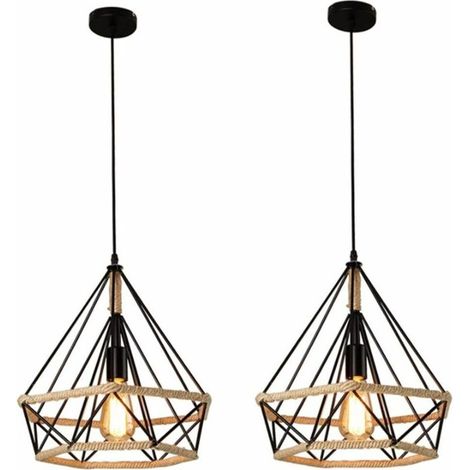 2x Corde de chanvre Cage Lampe de Plafond,Lustre Suspension Industrielle 25cm en forme Diamant Corde de Chanvre Noir, Ensoleillé