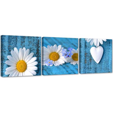 Quadro su tela 3 pezzi Margherite e cuore blu - 150x50 (1/5)
