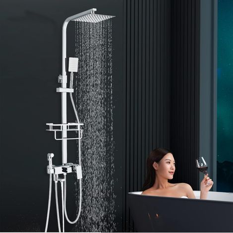Colonne de Douche avec Mécaniques Murales Réglables ​Système Pluie avec Douchette Effet Pluie en INOX et Douche de Tête en Mitigeur Douche Set (1/5)