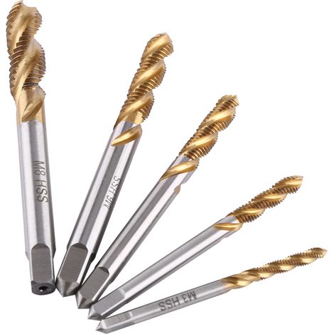 Lot de 5 tarauds à goujures hélicoïdales en acier rapide (HSS) revêtus de titane, tailles M3, M4, M5, M6 et M8. (1/5)
