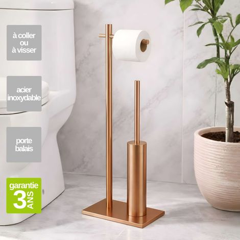 Porte papier toilette avec Porte-balai WC intégré - acier inoxydable S.304 cuivré brossé - Fixation Collée ou Vissée (1/3)