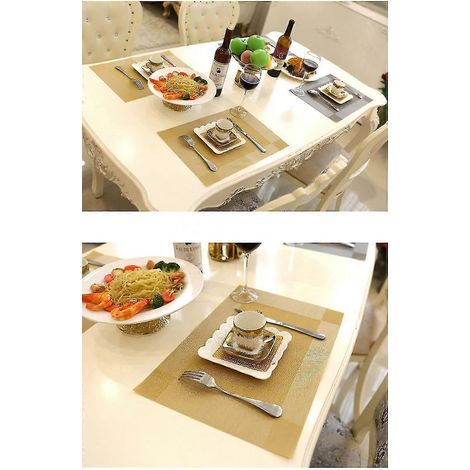 Ensemble de 4 sets de table dorés en PVC lavable, avec cadre diagonal, dessous de plat antidérapant et sous-verre. (1/5)
