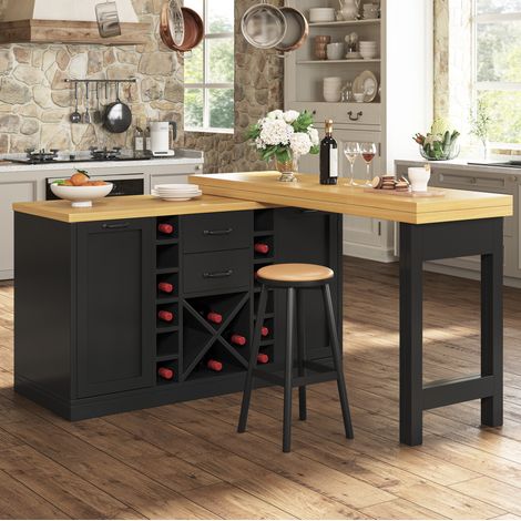 Isla de cocina giratoria 360° con almacenamiento 120-223 cm, botellero extraíble, MDF y metal negro (1/5)