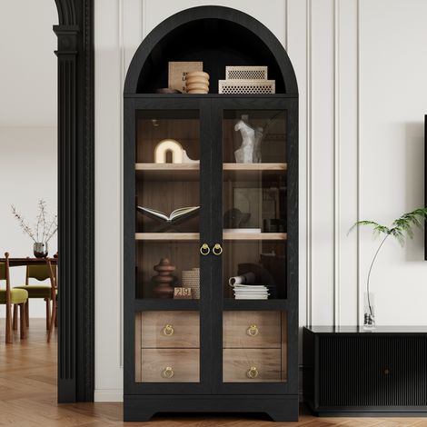 Highboard 76,2x40,1x180 cm en MDF et verre noir, rangement intégré pour cuisine – MEUBLIV (1/5)