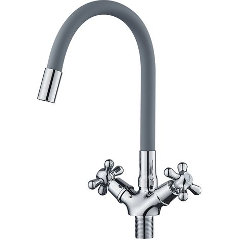 Robinet de cuisine pivotant à 360°, double commande eau chaude/eau froide, mitigeur avec bec flexible en silicone, finition chromée. (1/5)
